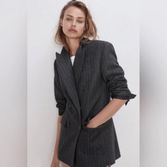 NWT Zara | Double Breasted Wool Blend Gray Pinstripe Fitted Blazer - Size M - Picture 1 of 14